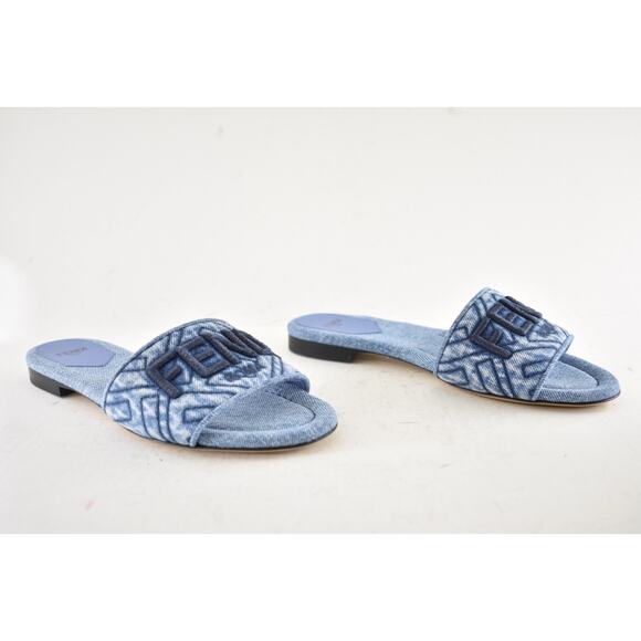Fendi Blue Denim Signature FF Monogram Logo Mule Slide Flat Flip Flop Sandal 36 - Picture 4 of 15